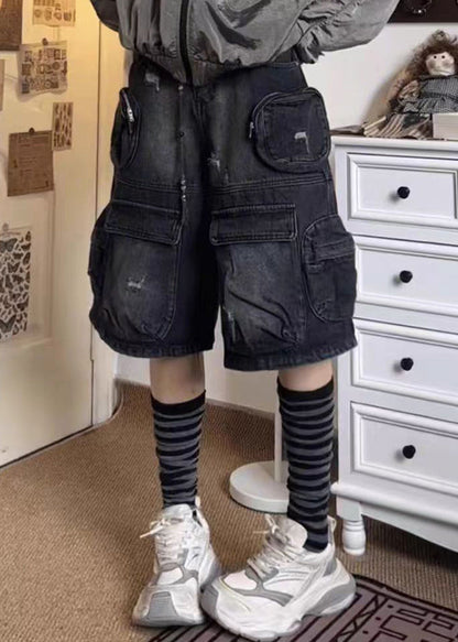French Black Pockets Patchwork Shorts Summer Qf058