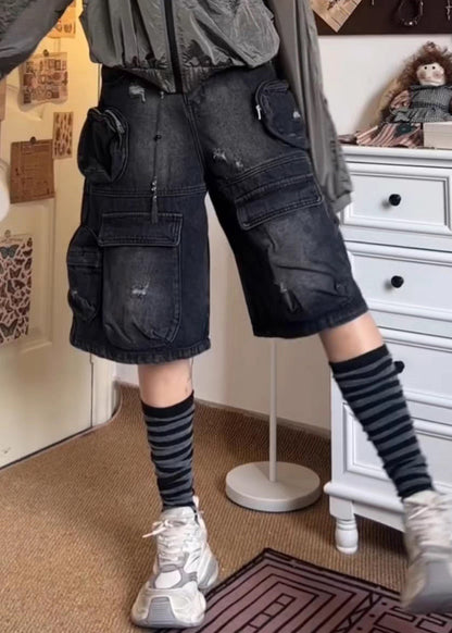 French Black Pockets Patchwork Shorts Summer Qf058