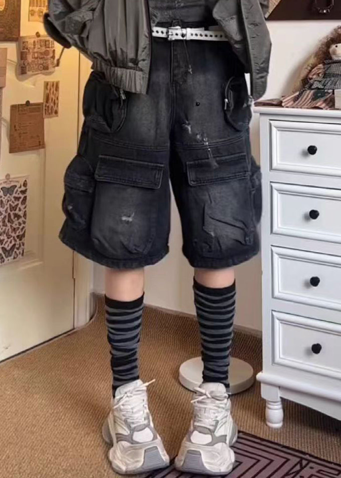 French Black Pockets Patchwork Shorts Summer Qf058