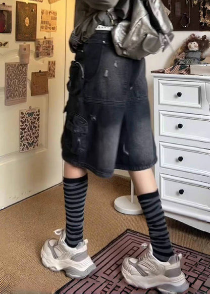 French Black Pockets Patchwork Shorts Summer Qf058