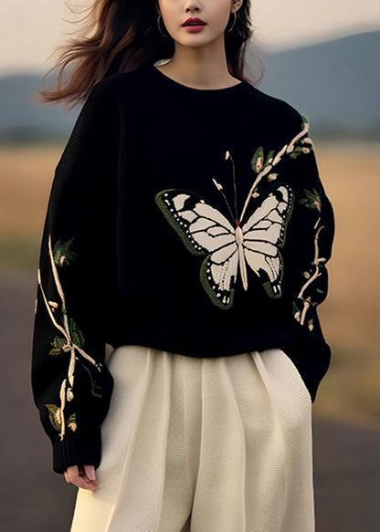 French Black Print Cozy Knit Sweaters Pullover Winter Wx026