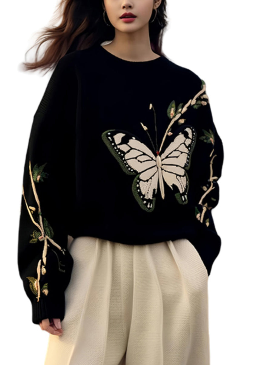 French Black Print Cozy Knit Sweaters Pullover Winter Wx026