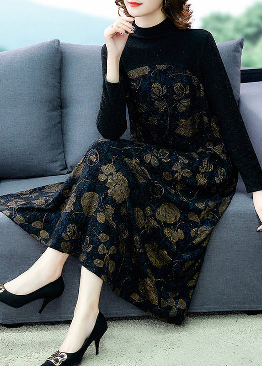 French Black Print Patchwork Warm Fleece Maxi Dress Spring Oo041