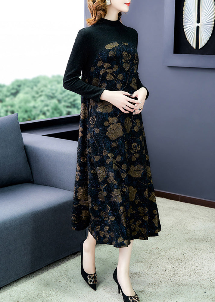 French Black Print Patchwork Warm Fleece Maxi Dress Spring Oo041