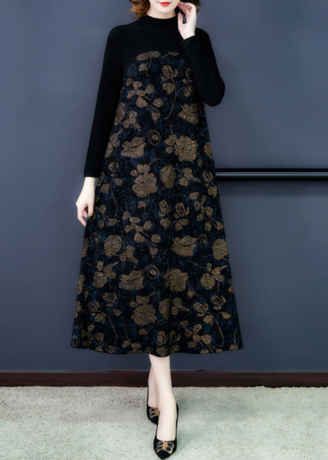 French Black Print Patchwork Warm Fleece Maxi Dress Spring Oo041