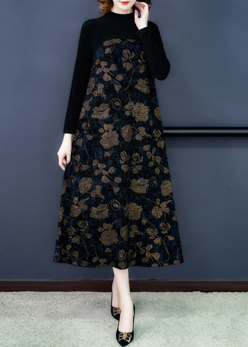French Black Print Patchwork Warm Fleece Maxi Dress Spring Oo041