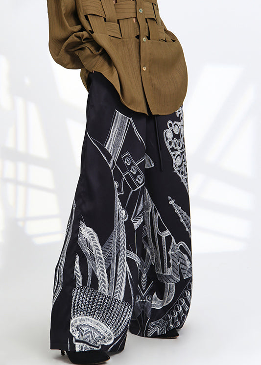 French Black Print Pockets Elastic Waist Silk Pants Spring As1052
