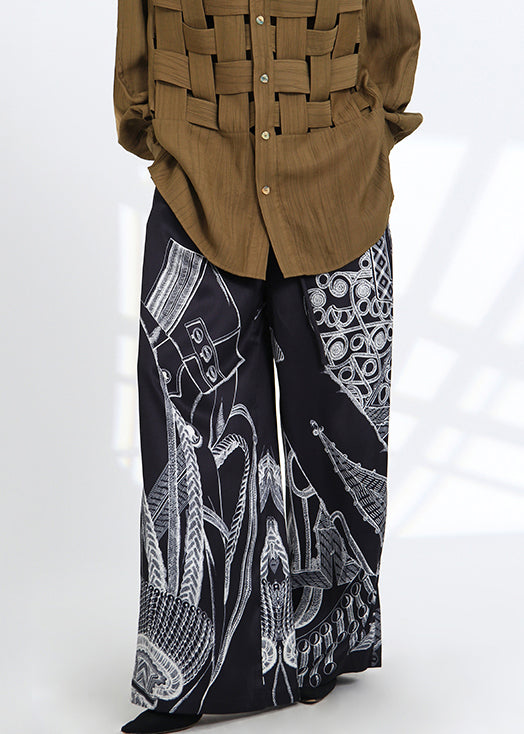 French Black Print Pockets Elastic Waist Silk Pants Spring As1052