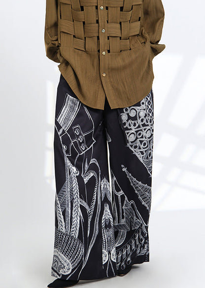 French Black Print Pockets Elastic Waist Silk Pants Spring As1052