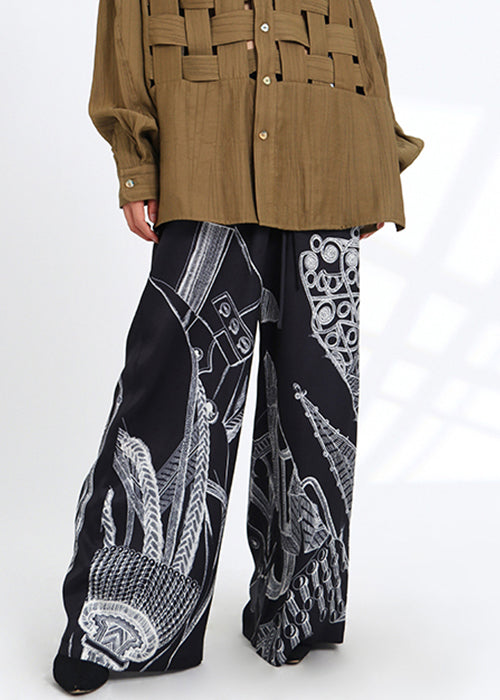 French Black Print Pockets Elastic Waist Silk Pants Spring As1052
