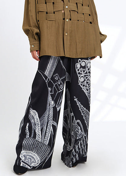 French Black Print Pockets Elastic Waist Silk Pants Spring As1052