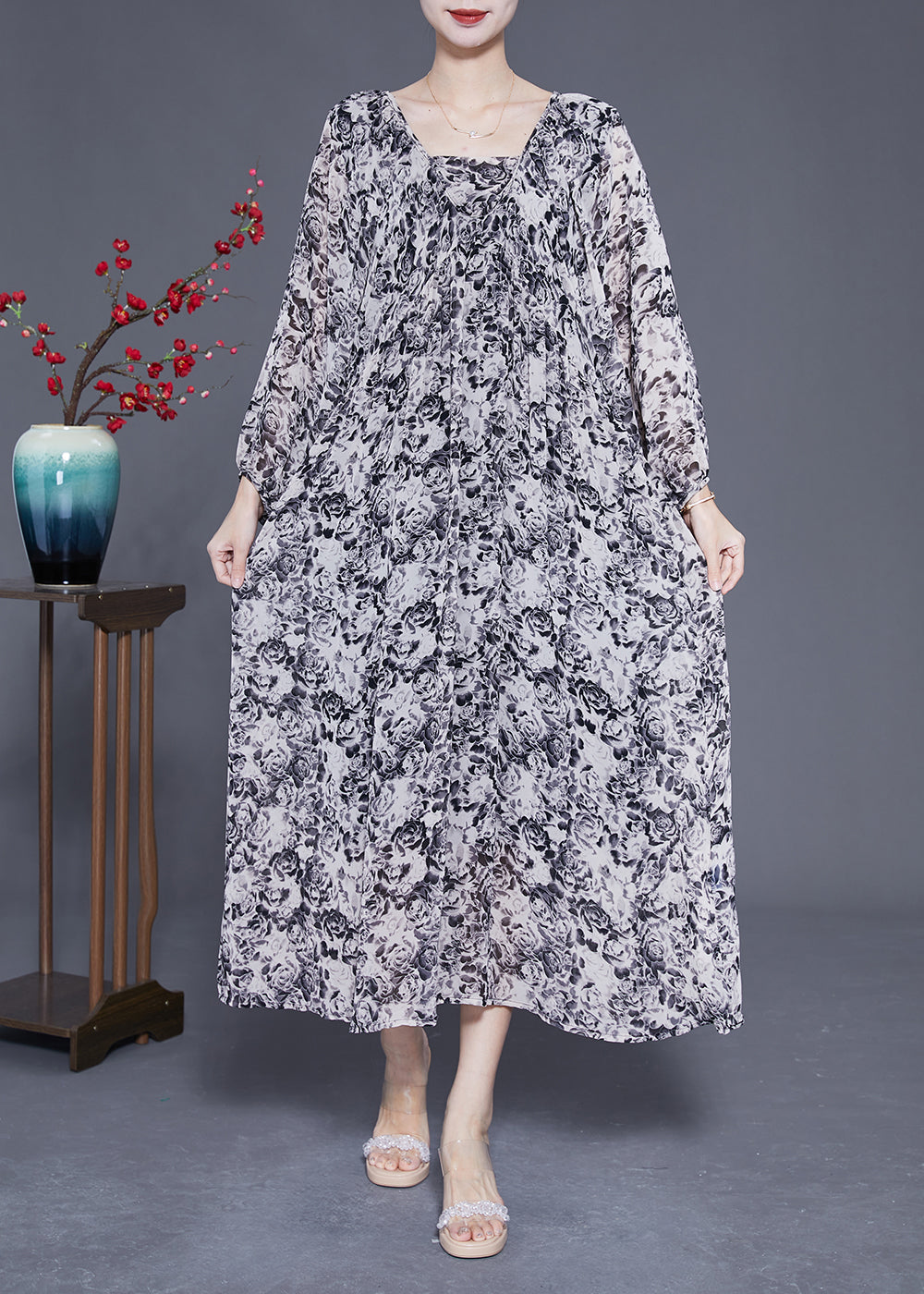 French Black Square Collar Oversized Print Chiffon Long Dress Lantern Sleeve Ly1814