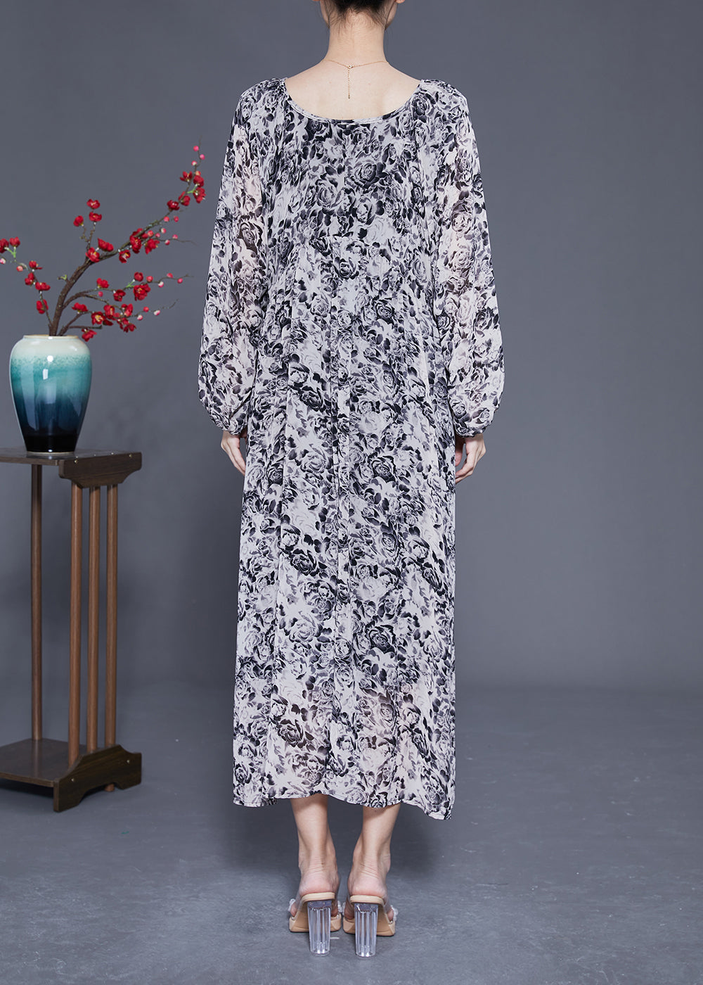 French Black Square Collar Oversized Print Chiffon Long Dress Lantern Sleeve Ly1814