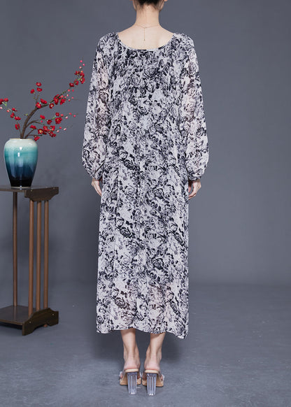 French Black Square Collar Oversized Print Chiffon Long Dress Lantern Sleeve Ly1814