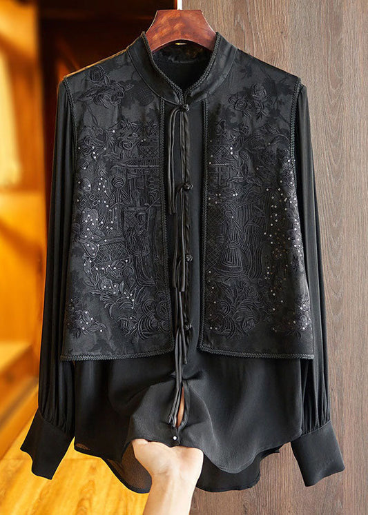French Black Stand Collar Embroideried Patchwork Silk Blouses Spring Ly1672