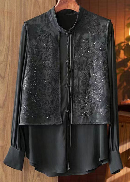 French Black Stand Collar Embroideried Patchwork Silk Blouses Spring Ly1672