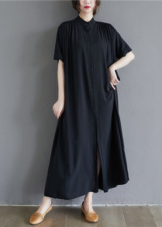 French Black Stand Collar Oversized Cotton Long Dress Summer Ly1505