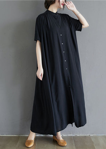 French Black Stand Collar Oversized Cotton Long Dress Summer Ly1505
