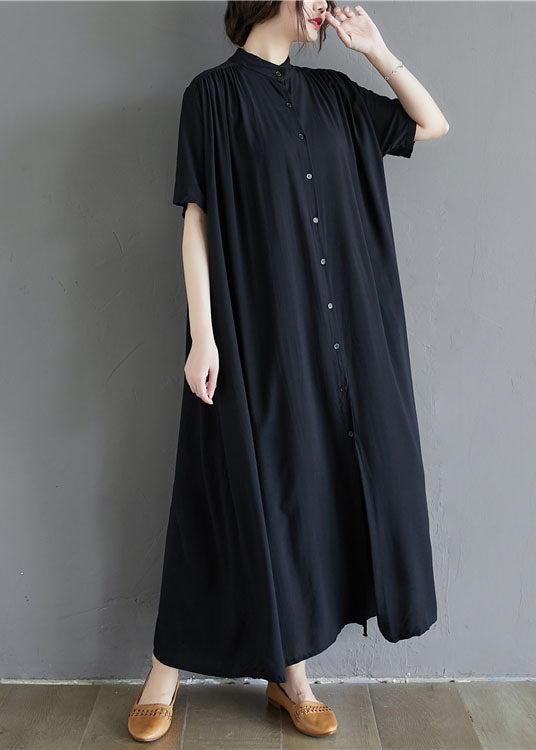 French Black Stand Collar Oversized Cotton Long Dress Summer Ly1505