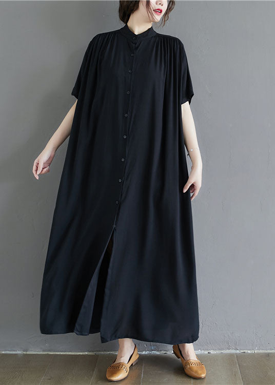 French Black Stand Collar Oversized Cotton Long Dress Summer Ly1505