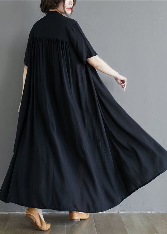 French Black Stand Collar Oversized Cotton Long Dress Summer Ly1505
