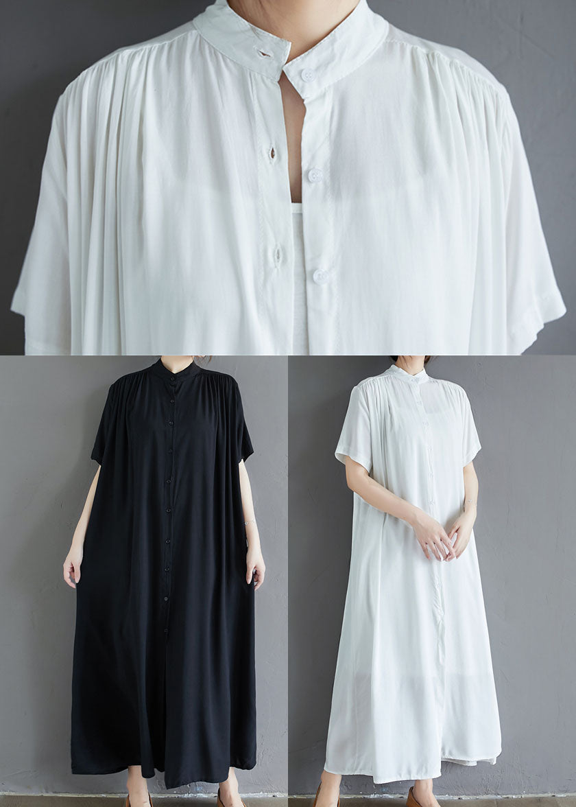 French Black Stand Collar Oversized Cotton Long Dress Summer Ly1505