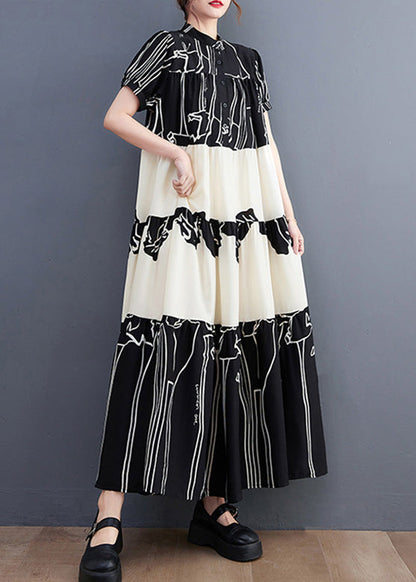 French Black Stand Collar Print Patchwork Long Dress Short Sleeve Ac2066