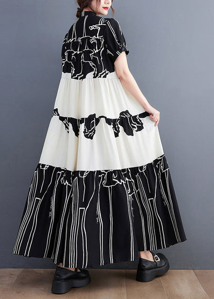 French Black Stand Collar Print Patchwork Long Dress Short Sleeve Ly0642