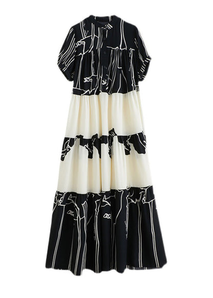 French Black Stand Collar Print Patchwork Long Dress Short Sleeve Ac2066