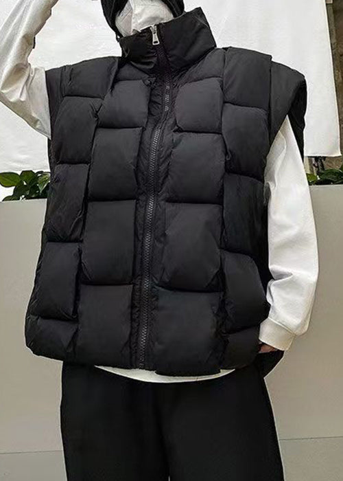French Black Stand Collar Zip Up Cotton Filled Waistcoat Sleeveless Eq025