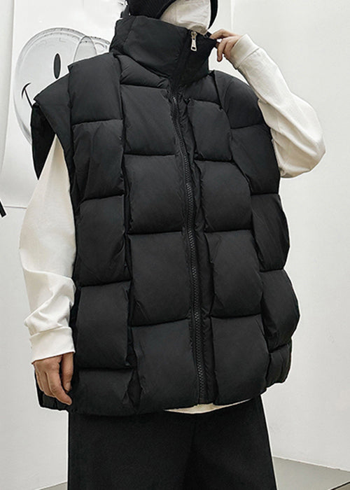 French Black Stand Collar Zip Up Cotton Filled Waistcoat Sleeveless Eq025