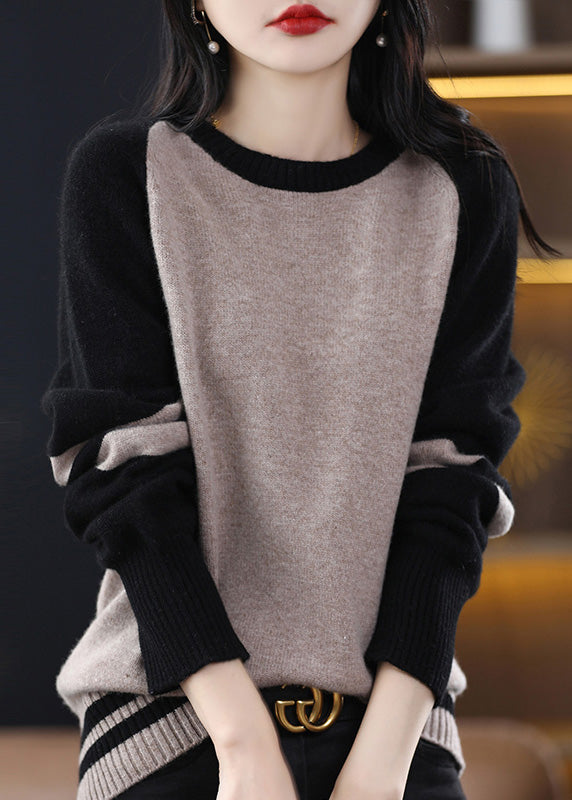 French Black Striped Patchwork Cashmere Knit Sweater Fall Qp025