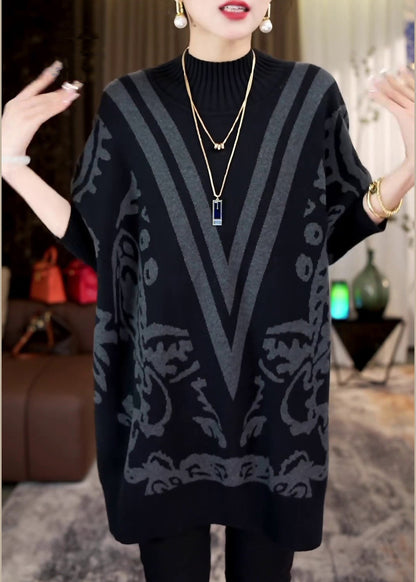 French Black Turtleneck Cozy Knit Sweaters Batwing Sleeve Rf020