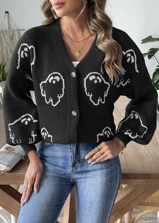 French Black V Neck Button Knit Coats Fall Ae1007