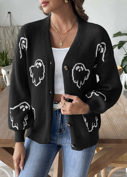 French Black V Neck Button Knit Coats Fall Ae1007