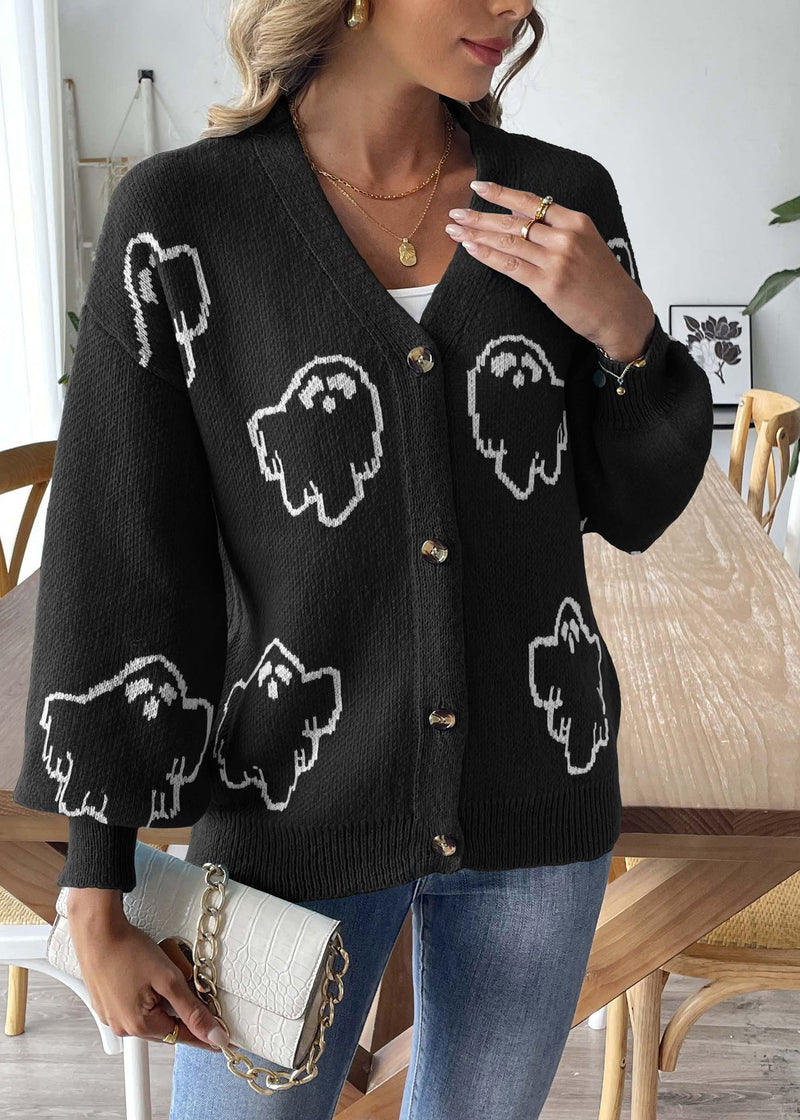 French Black V Neck Button Knit Coats Fall Ae1007