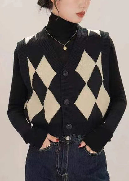 French Black V Neck Button Patchwork Knit Waistcoat Sleeveless Tu057