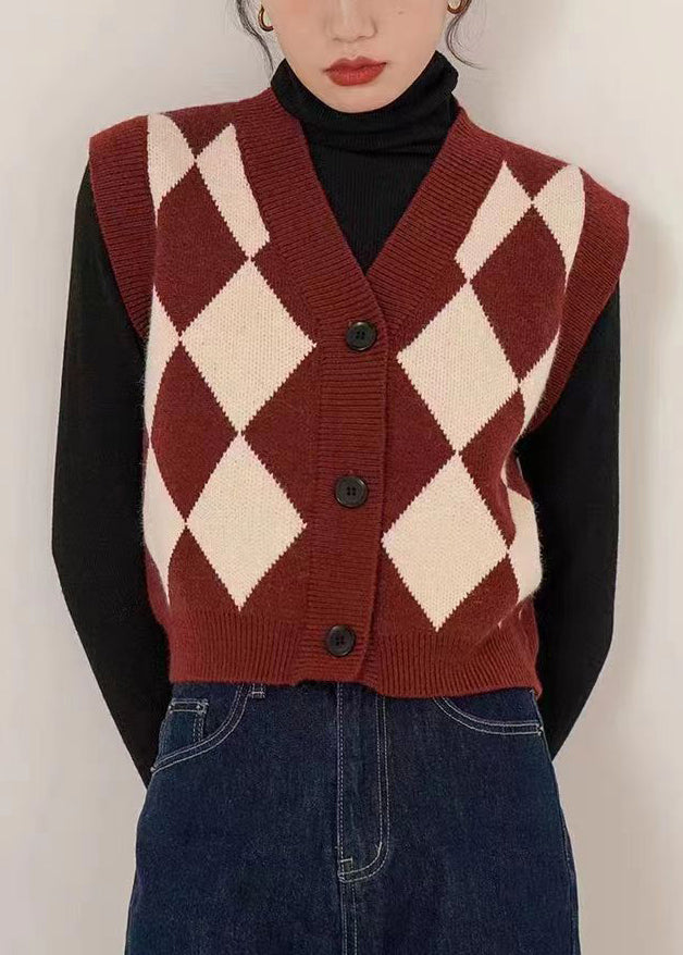 French Black V Neck Button Patchwork Knit Waistcoat Sleeveless Tu057