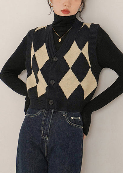 French Black V Neck Button Patchwork Knit Waistcoat Sleeveless Tu057
