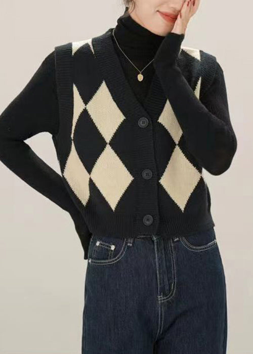 French Black V Neck Button Patchwork Knit Waistcoat Sleeveless Tu057