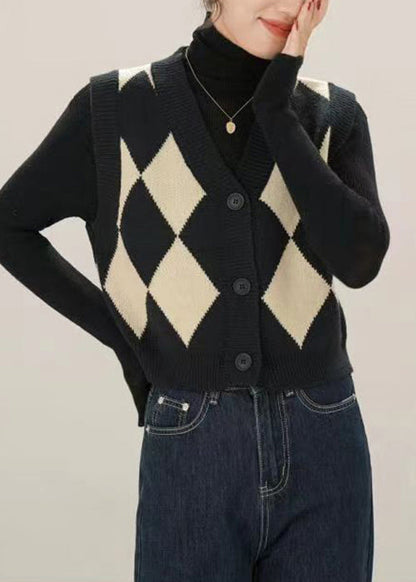 French Black V Neck Button Patchwork Knit Waistcoat Sleeveless Tu057