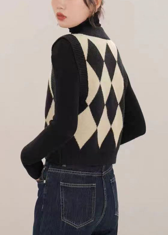 French Black V Neck Button Patchwork Knit Waistcoat Sleeveless Tu057
