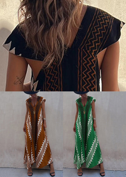 New Coffee Asymmetrical Print Chiffon Long Dresses Summer Tl020