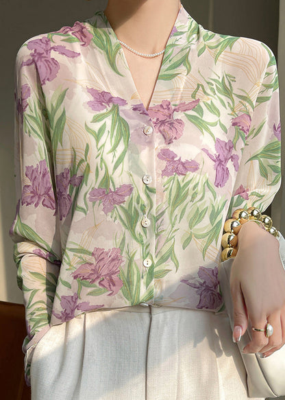 French Black V Neck Print Button Chiffon Blouse Fall Ab1005