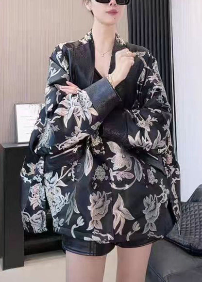 French Black V Neck Print Patchwork Faux Leather Coat Spring Yw041