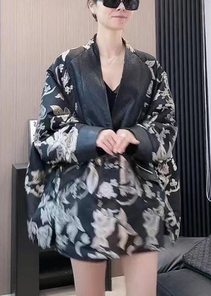 French Black V Neck Print Patchwork Faux Leather Coat Spring Yw041