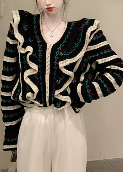French Black V Neck Ruffled Hollow Out Knit Sweaters Spring Ty024