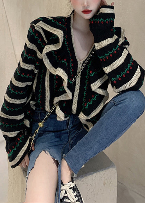 French Black V Neck Ruffled Hollow Out Knit Sweaters Spring Ty024