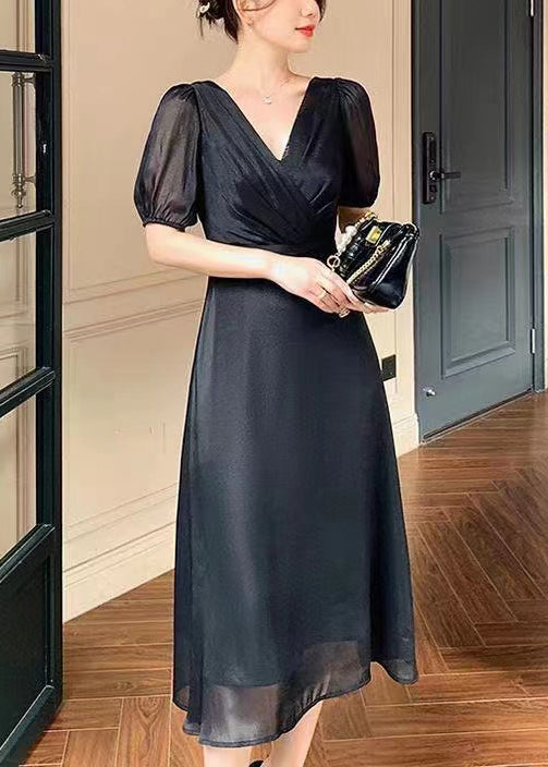 French Black V Neck Silk Long Dresses Summer Xx003