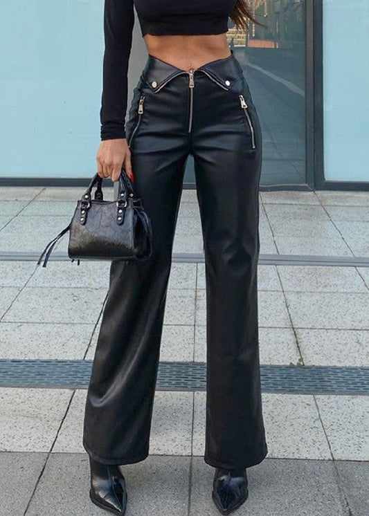French Black Zip Up High Waist Faux Leather Pants Spring Yt038